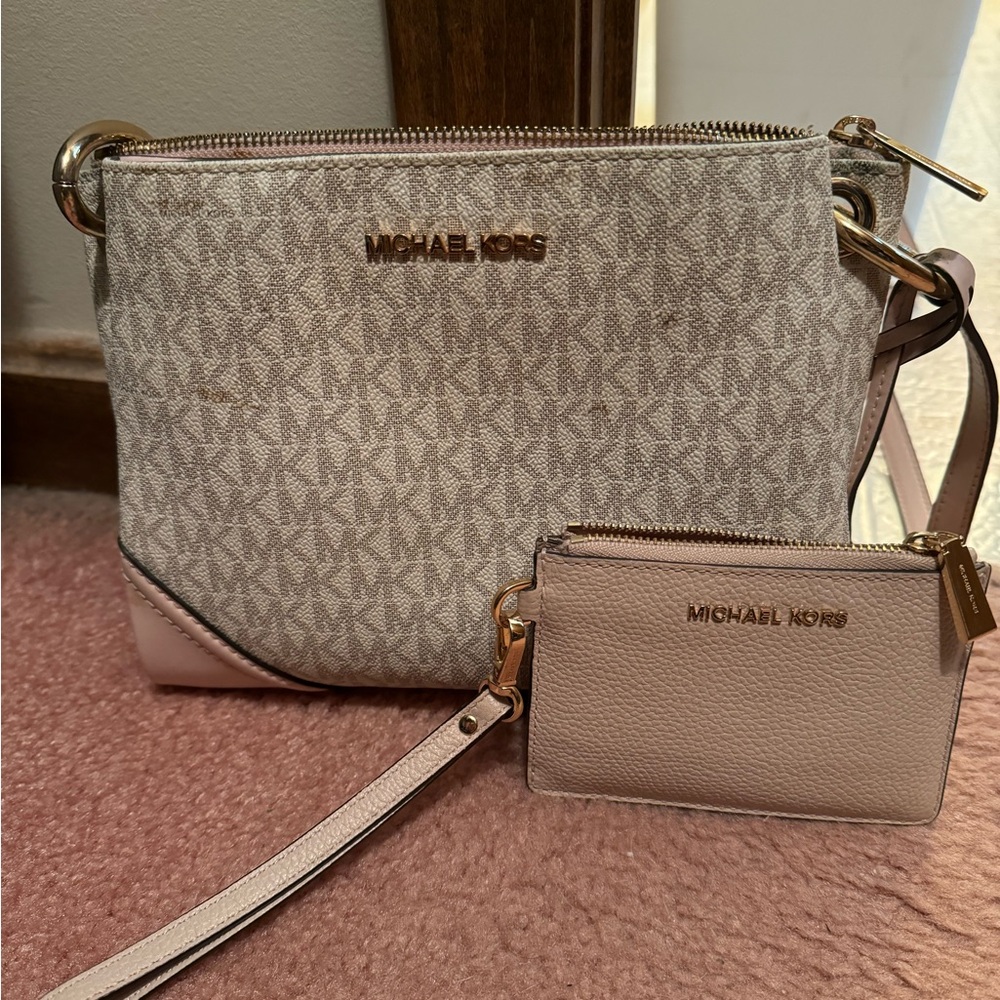 Michael Kors Cream and Pink Crossbody Bag with Gold Hardware